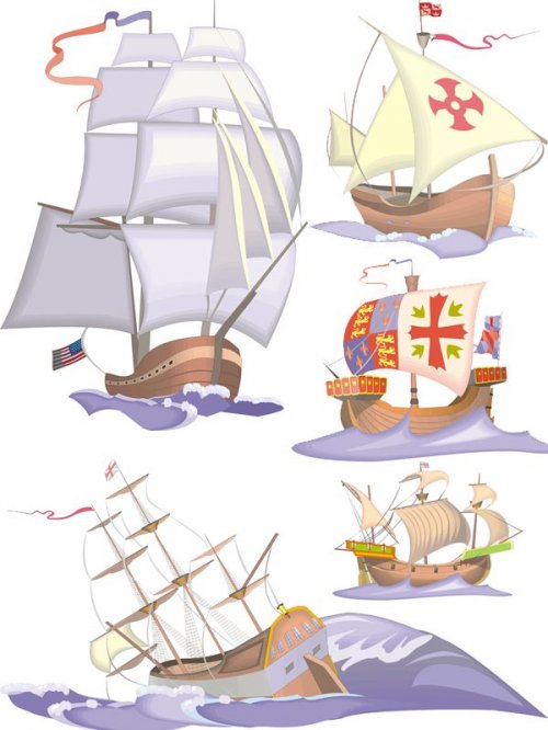 Векторный сток: корабли, парусники, каравеллы, фрегаты и яхты