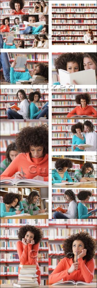 Студенты с книгами в библиотеке/ Students in the library - Stock photo