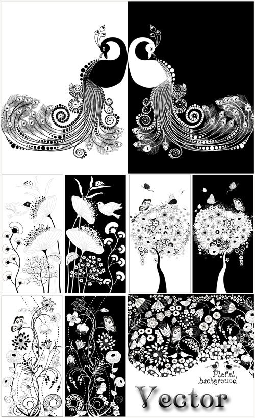 Цветочные фоны, цветочные орнаменты и бабочки,павлины в черно-белом цвете - векторный клипарт