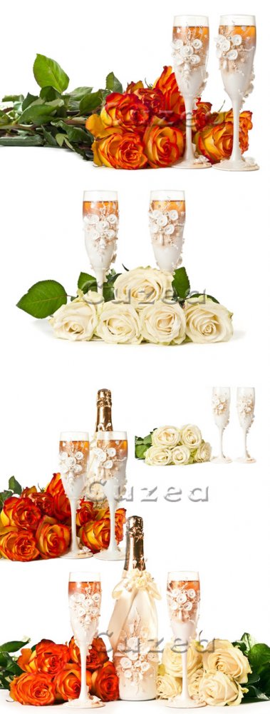 Свадебные бокалы и букет роз/ Wedding roses and glases - Stock photo