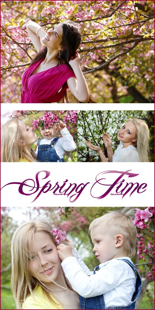 Люди и весенние цветущие деревья/ People in spring blossoming trees - Stock photo