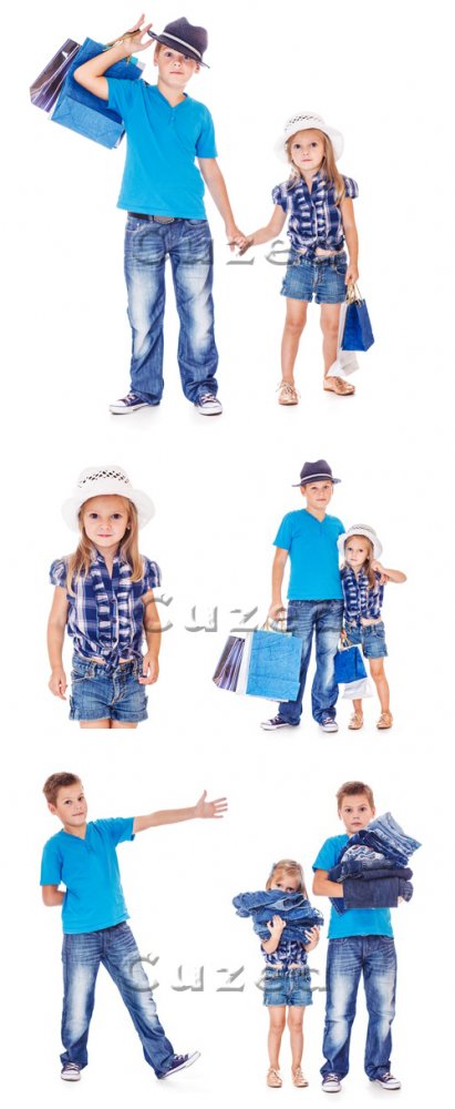 Дети в джинсовой одежде с покупками/ Children in jeans clothes - Stock photo