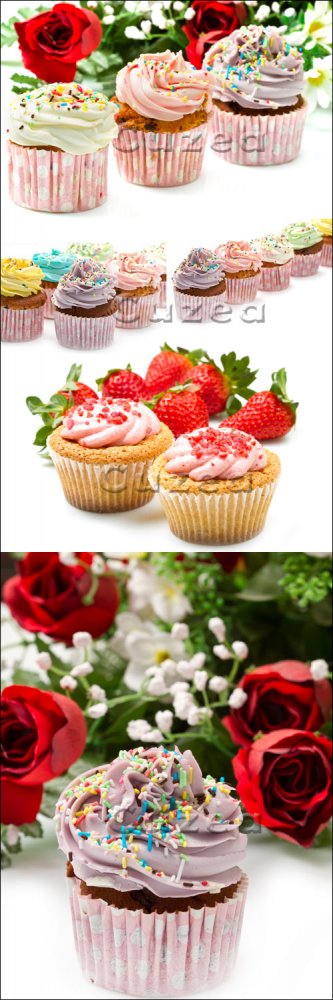 Пирожные и красные розы/ Cake and red roses - Stock photo