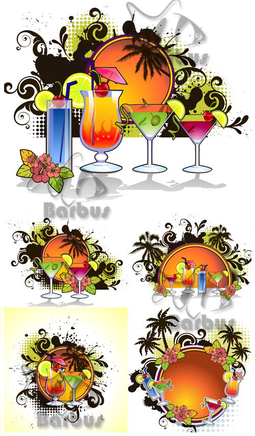 Banner - exotic cocktails, palm trees and the coming sun / Баннеры с экзотичными напитками, пальмами и закатным солнцем