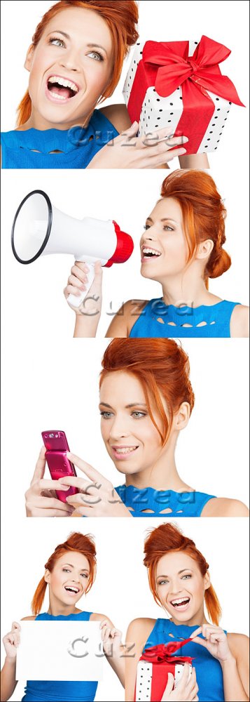 Рыжеволосая девушка с подарком и мегафоном/ Red hair woman with prezent - Stock photo