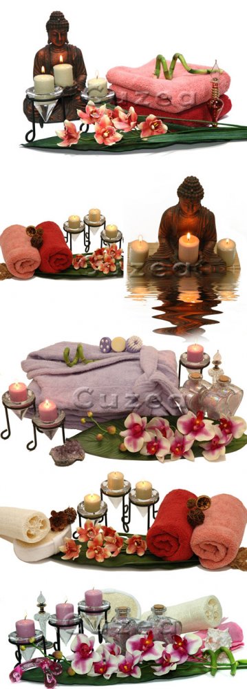 Фигурка Будды, свечи и полотенца/ Buddha and towels - Stock photo