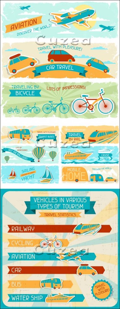 Различные виды транспорта для туризма| Different types of transport for tourism - vector stock