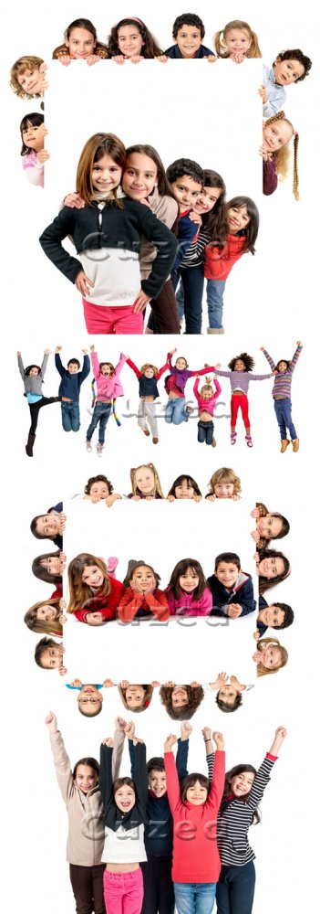 Дети в цветной одежде с белыми баннерами/ Children in color undershirts with bannerson a white background - stock photo