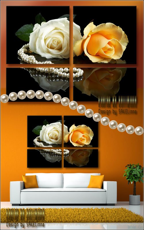Модульная картина-полиптих - Белая и желтая розы с жемчужными бусами
