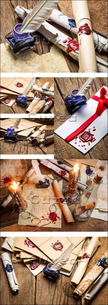 Свиток, свечи,  перо и чернильница/ Roll, feather, inkwell and candles - Stock photo