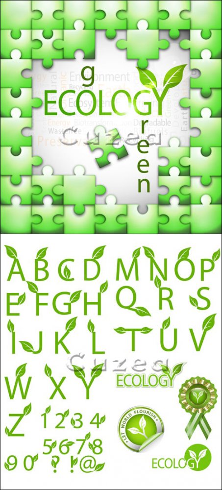 Эко стикеры и зелёный алфавит в векторе/ Ecology stickers and alfabet in vector