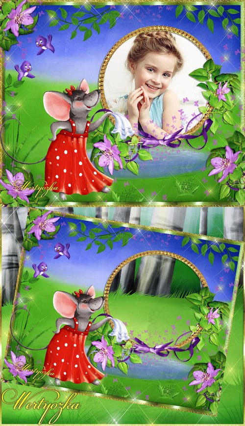 Детская рамка для фото - Мышка в красном сарафане и цветы клематиса
