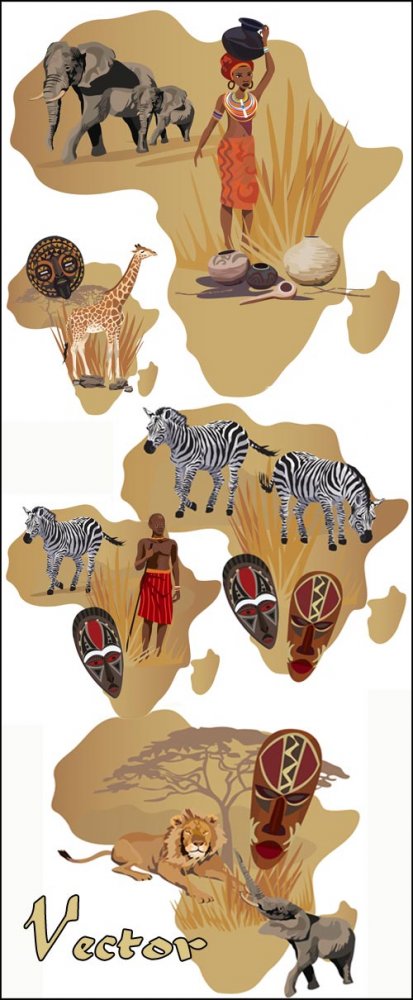 Африка, животные, жираф, слон, зебра / Africa, elephant, lion, giraffe, zebra - vector clipart