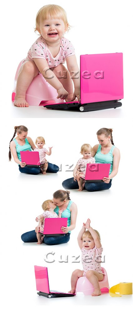 Ребёнок с розовым ноутбуком/ Child with pink notebook - Stock photo