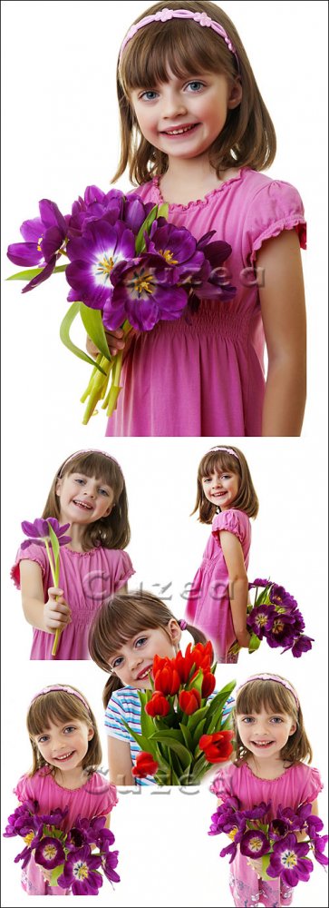 Девочка с тюльпанами / Girl with tulips flowers - stock photo