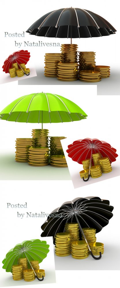 Зонтики и золотые монеты на белом фоне / Umbrellas and gold coins - Stock photo