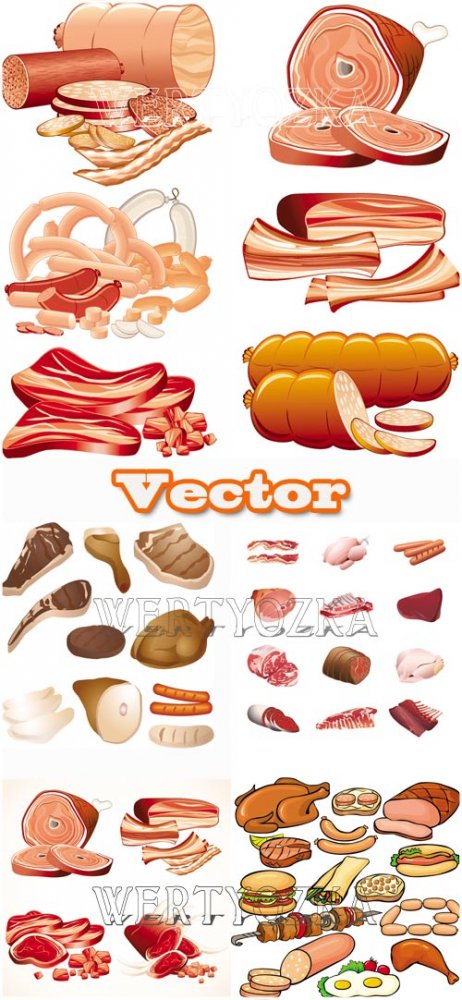 Различные мясные продукты / Meat, meat products, sausage, hot dogs, kebabs - vector