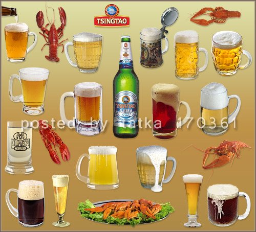 Клипарт для фотошопа с прозрачным фоном - Пиво в кружках и раки