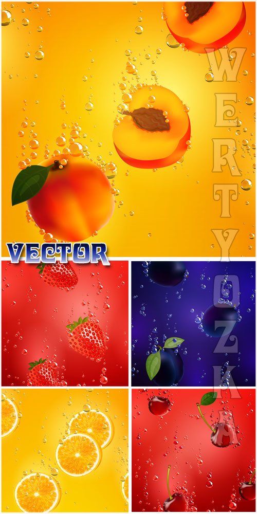 Векторные фоны с фруктами, клубника, вишня, слива, лимон / Vector backgrounds with fruit, strawberry, cherry, plum, lemon
