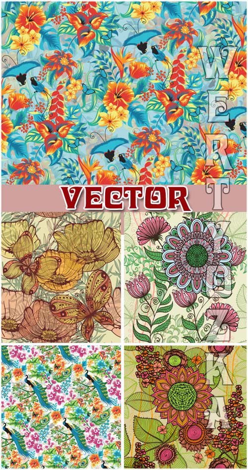 Векторные фоны с цветами и птицами / Vector background with flowers and birds