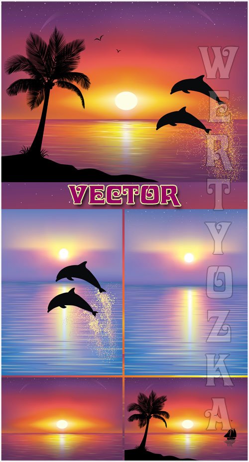 Морские пейзажи и дельфины / Seascapes and the dolphins - Vector clipart