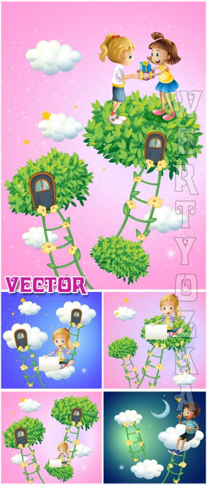 Детские фоны с мальчиком и девочкой / Children background with boy and girl - Vector clipart