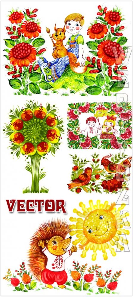 Детские фоны с яркими цветами и птицами / Children background with bright flowers and birds - Vector clipart