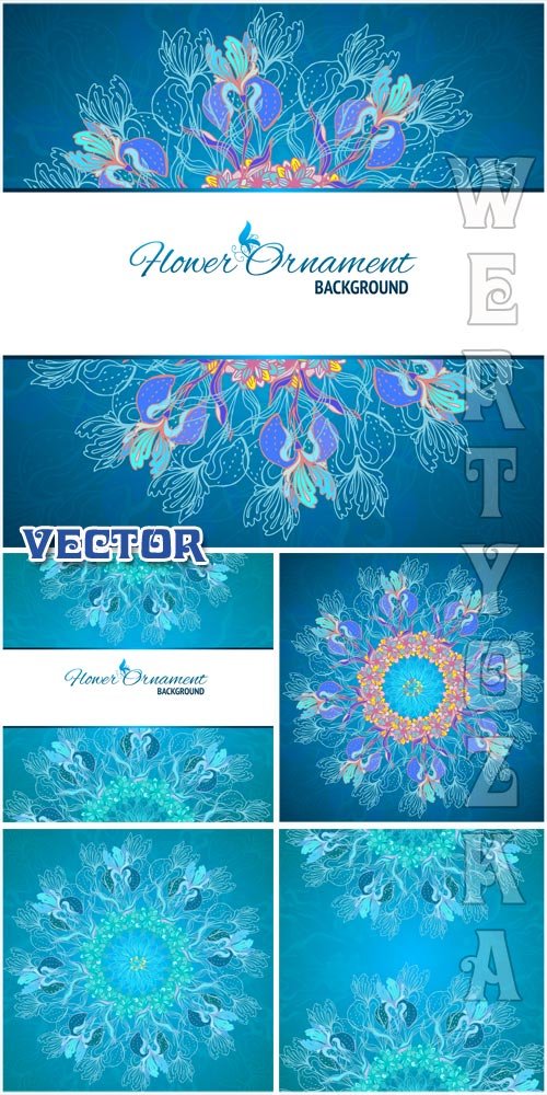 Бирюзовые векторные фоны с цветочным орнаментом / Turquoise vector backgrounds with floral patterns