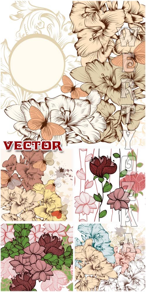 Фоны с цветами и бабочками / Backgrounds with flowers and butterflies - Vector clipart