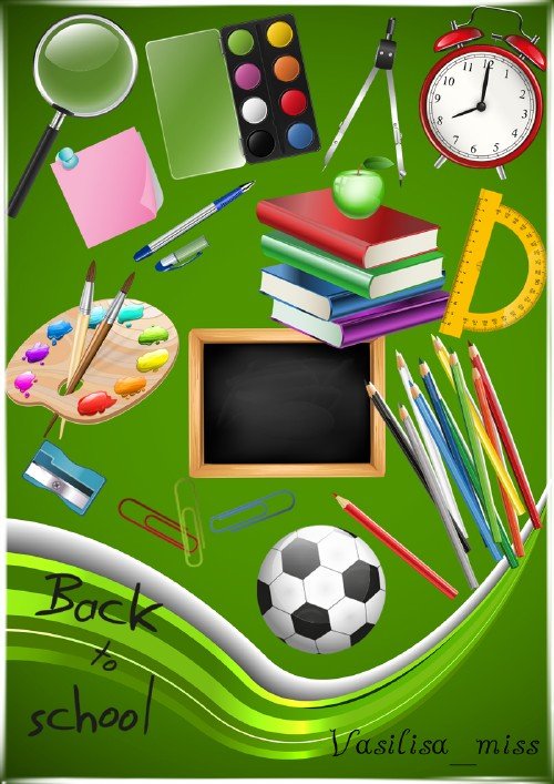 Многослойный psd исходник с школьными принадлежностями - ручка,карандаши,доска,лупа,книги 