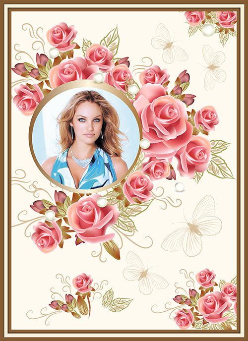 Фотошоп рамка с красивыми розами с жемчугом и бабочками