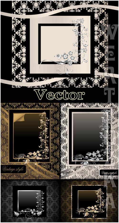 Векторные черные фоны с золотым и серебристым декором / Vector black background with a gold and silver decor