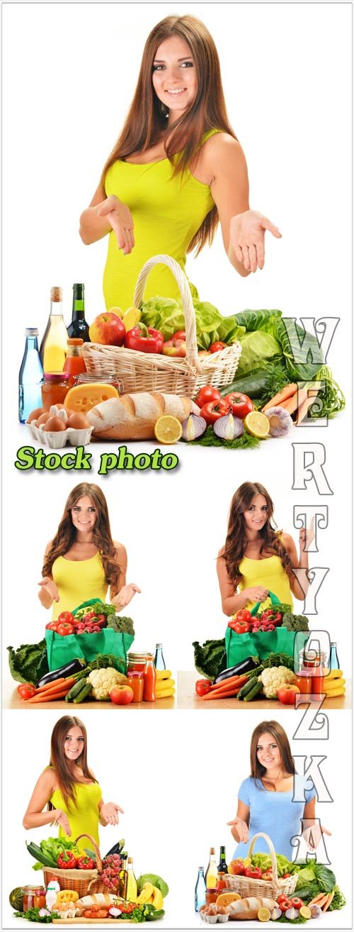 Девушка с корзиной овощей, продукты питания / Girl with a basket of vegetables, food - raster clipart