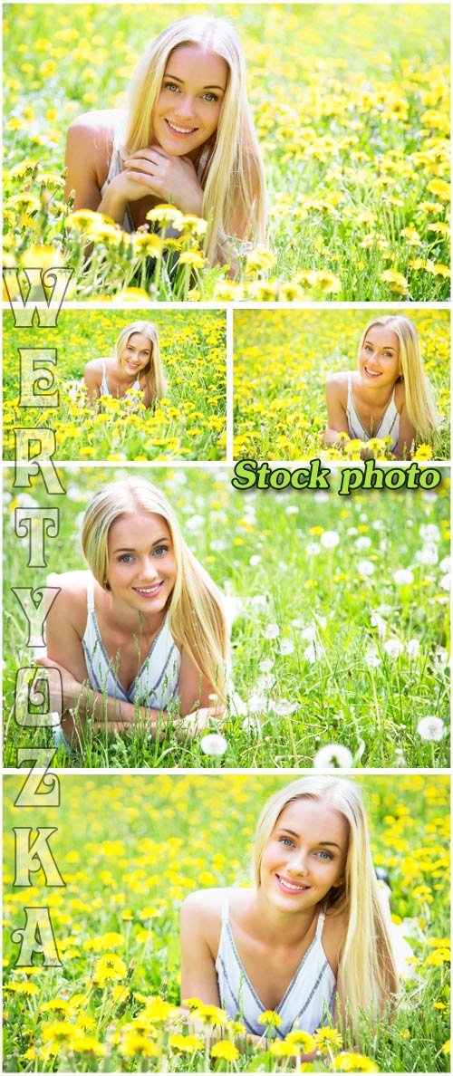 Девушка в поле с цветами и одуванчиками / Girl in a field with flowers and dandelions - raster clipart