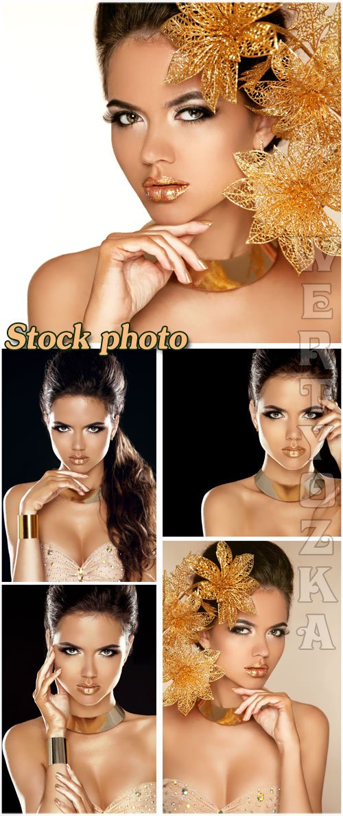 Гламурная девушка с золотыми цветами / Glamour girl with gold flowers - Raster clipart
