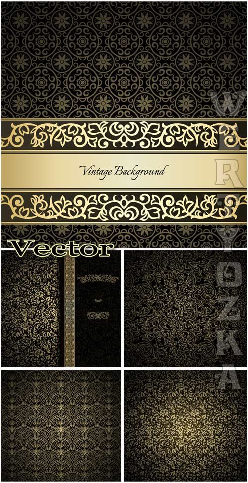 Черные винтажные фоны с золотыми узорами / Black vintage background with golden ornaments - vector