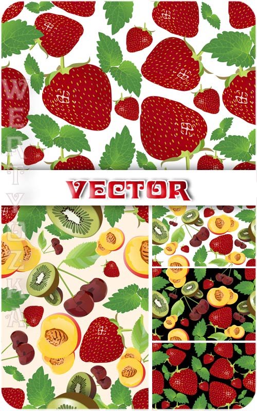 Векторные фоны с фруктами и ягодами, клубника, киви, черешня / Vector background with fruits