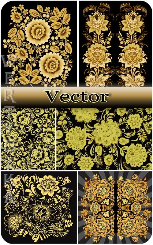 Золотые цветы, орнаменты / Golden flowers, ornaments - vector