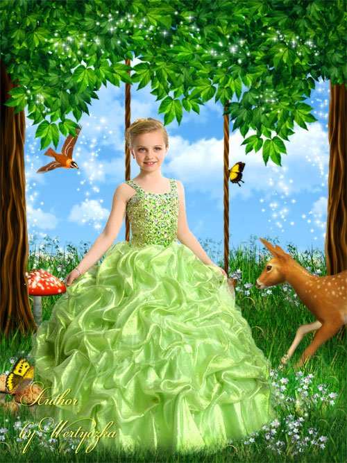Девочка в нарядном зеленом платье, сказочный лес - детский шаблон для фото