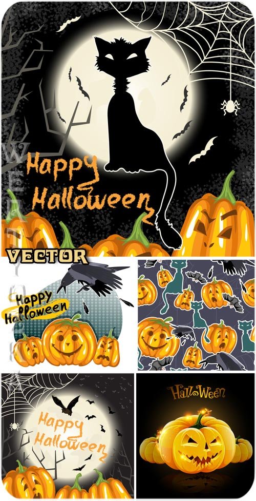 Черная кошка и тыквы на Хеллоуин - векторный клипарт