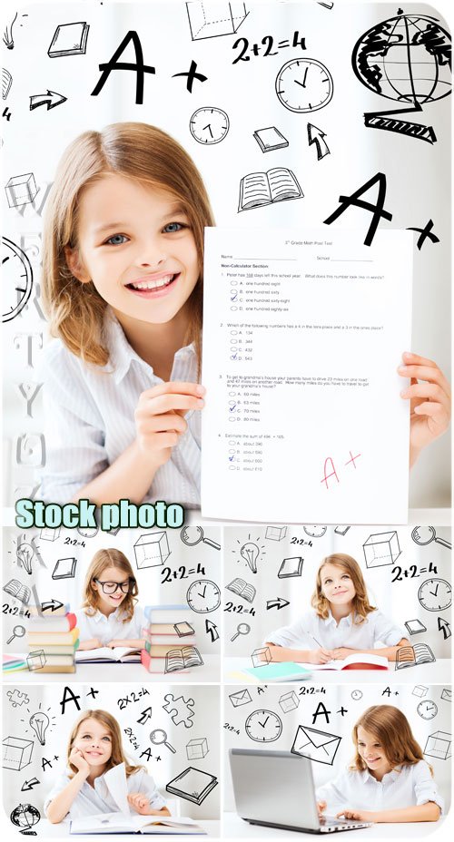 Девочка с книжками, уроки / Girl with books, lessons - Raster clipart
