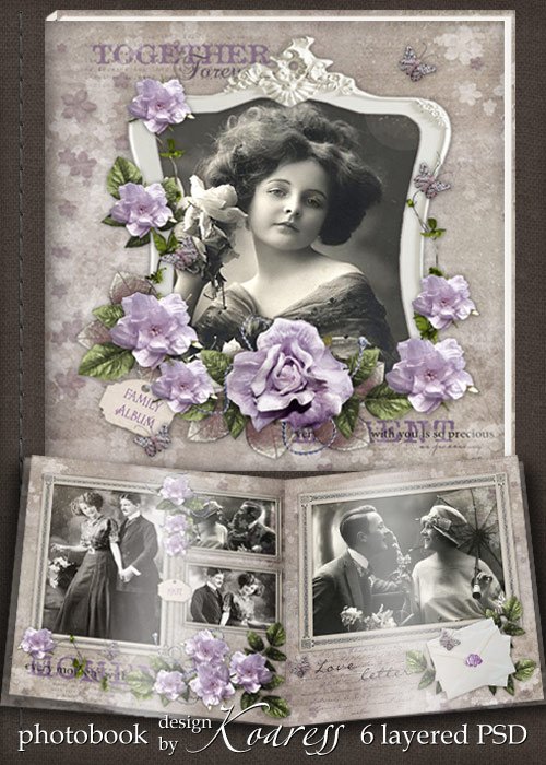 Шаблон винтажной романтической фотокниги для фотошопа - Письма о любви, романтическая история