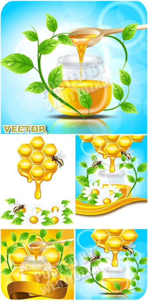 Мед, нектар и пчелы / Honey, nectar and bee - vector