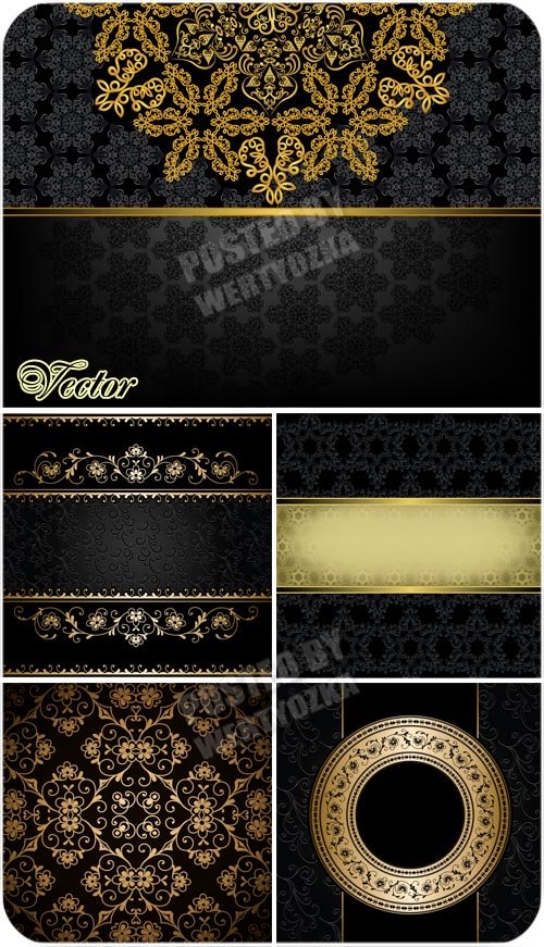 Черные фоны с золотом, узоры, орнаменты / Black background with gold - vector