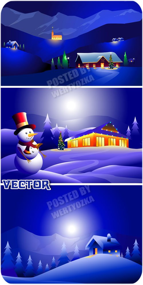 Снеговик и чудесная зимняя ночь / Snowman and a wonderful winter night - vector stock