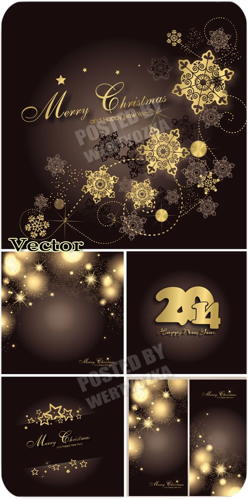 Новогодние фоны 2014 с золотыми звездами и снежинками / New Year 2014 - stock vector