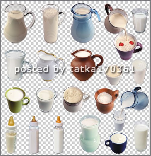 Клипарт для фотошоп - Молочные напитки и молоко в различной посуде