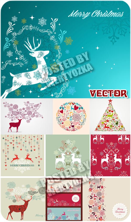 Винтажные новогодние фоны с оленями / Vintage Christmas background - vector stock