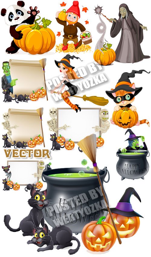Привидения, ведьмы и черные кошки на хэллоуин / Halloween - stock vector