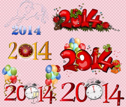 Клипарт - Цифры надписи к новому году 2014 с часами на прозрачном фоне PSD
